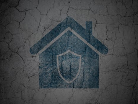 Protection concept: Blue Home on grunge textured concrete wall background, 3d render