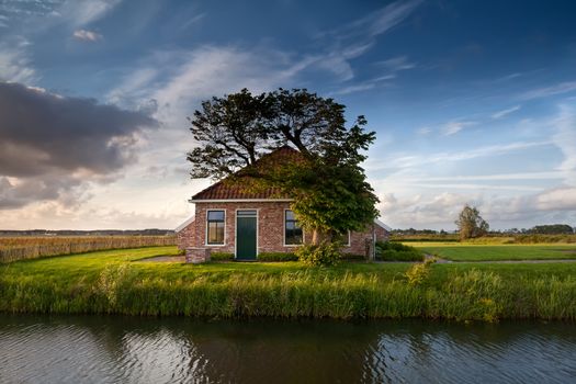 charming farmhouse and tree by river over blue sky