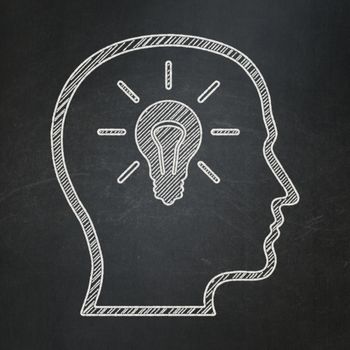 Education concept: Head With Lightbulb icon on Black chalkboard background, 3d render