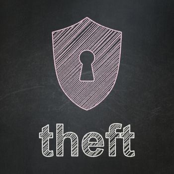 Security concept: Shield With Keyhole icon and text Theft on Black chalkboard background, 3d render