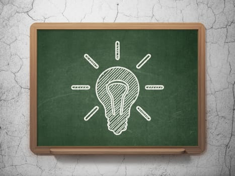 Business concept: Light Bulb icon on Green chalkboard on grunge wall background, 3d render