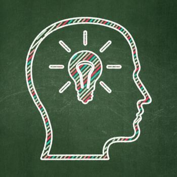 Education concept: Head With Lightbulb icon on Green chalkboard background, 3d render