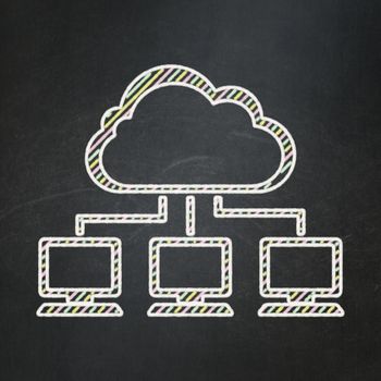 Cloud computing concept: Cloud Network icon on Black chalkboard background, 3d render