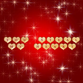 3d golden hearts, red letters, text - you steal my heart, background stars, lights
