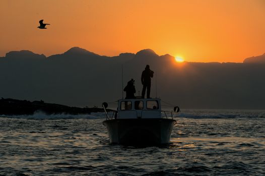 Boating at sunset in Atlantic ocean, South Africa