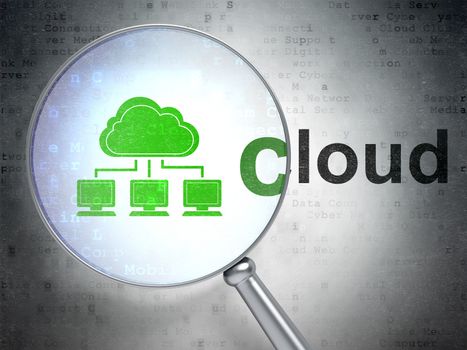 Cloud networking concept: magnifying optical glass with Cloud Network icon and Cloud word on digital background, 3d render