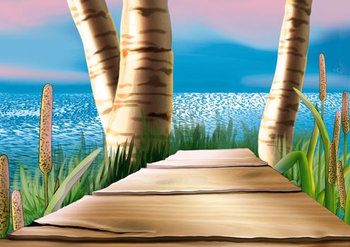 Coastal Wood Footbridge - Background Illustration, Bitmap