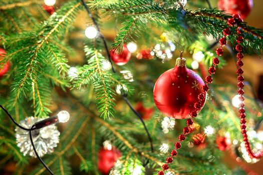 detail of Christmas decoration on tree with light