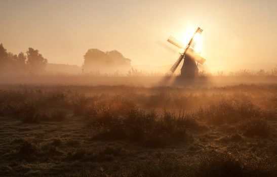 sunshine behind windmill in morning fog, Holland