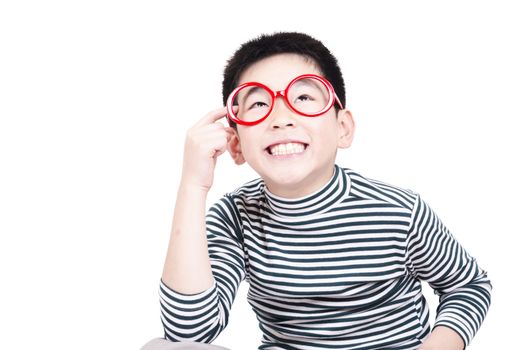 Smart boy thinking an idea on white background