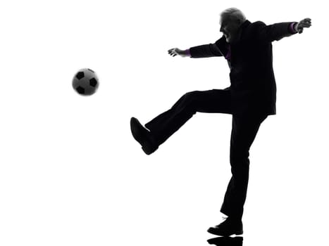 One Caucasian Senior Business Man playing soccer Silhouette White Background