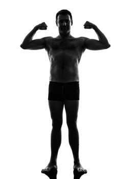 one caucasian mature in underwear man flexing muscles in silhouette  on white background