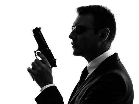 one secret service security bodyguard agent  man in silhouette  on white background