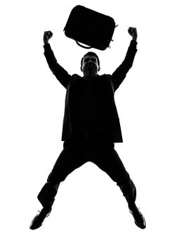 one caucasian business man happy joyful jumping   in silhouette  on white background