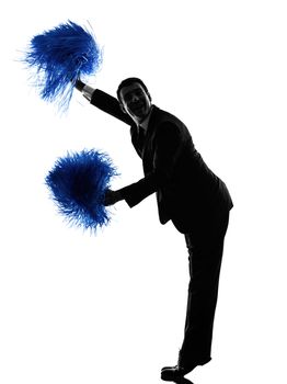 one caucasian business man cheerleading in silhouette  on white background