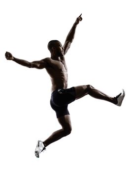 one young african muscular build man jumping running  silhouette  isolated on white background