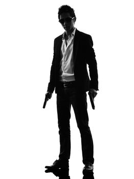 one asian gunman killer  standing in silhouette isolated white background