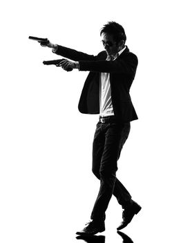 one asian gunman killer  in silhouette isolated white background