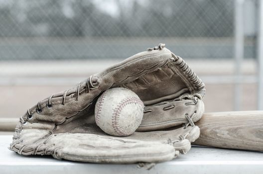 America's game with baseball in glove with bat on bench.  Baseball field in background.