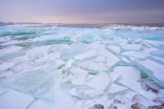 broken pieces of shelf ice on Ijsselmeer in winter, Netherlands