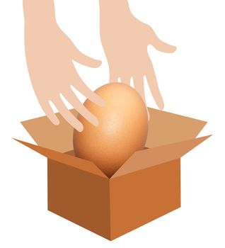 Illustration of a pair of hands taking an egg out of a box