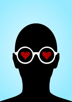 Illustration of a person wearing glasses with love hearts for eyes