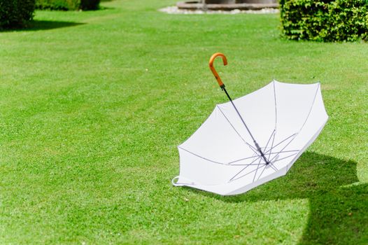 White umbrella in the grass of a park