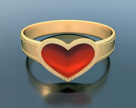 3d gold ring with a heart shape ruby