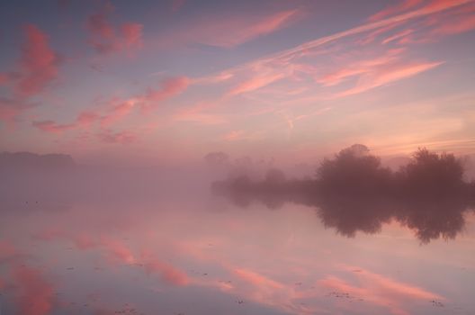 dramatic calm foggy sunrise over wild lake