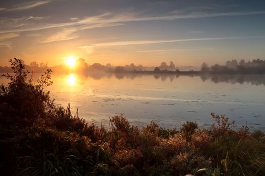 rising sun over wild lake during misty morning, Drenthe, Netherlands
