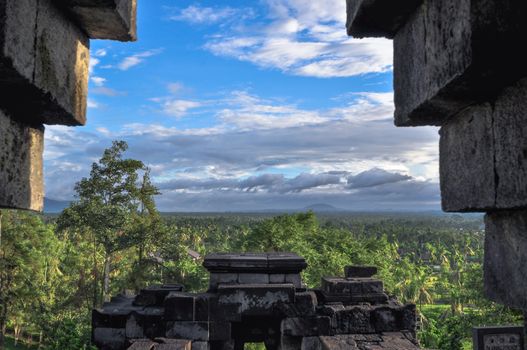 Jungle  Buddist temple Borobudur complex in Yogjakarta in Java, indonesia