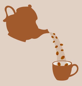 Illustration of a coffeepot pouring coffee beans into a cup