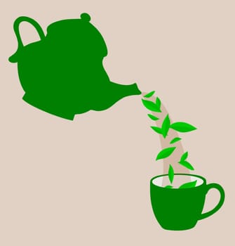 Illustration of a teapot pouring tea leaves into a cup