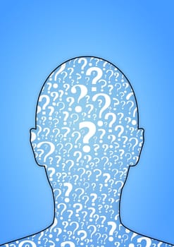 Illustration of a persons head filled with question marks