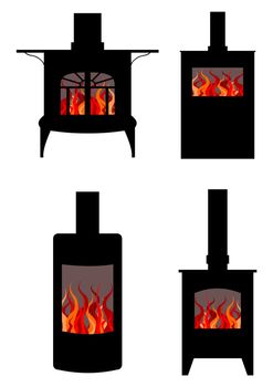 Illustration of four styles of wood burning stoves
