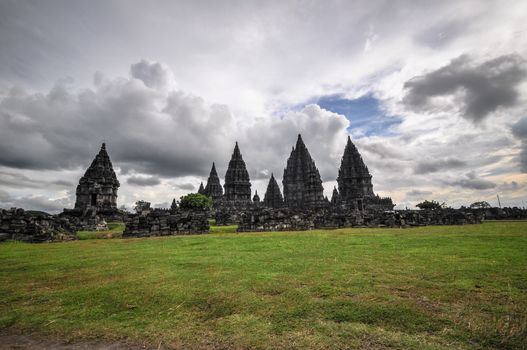 Meadow Hindu temple Prombanan complex in Yogjakarta in Java, indonesia