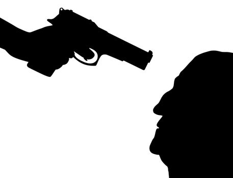 Illustration of a person holding a gun at an old mans head