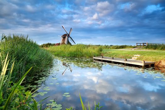 blue sky and windmill reflected in river, Holland