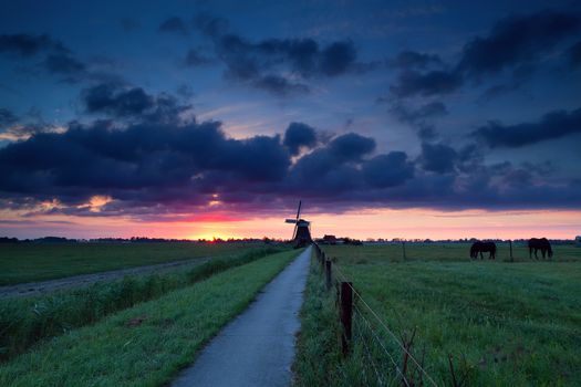 dramatic summer sunrise over Dutch farmland with windmill, Holland