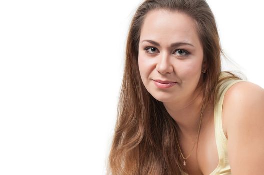 Cheerful woman with fresh clear skin and long hair, isolated