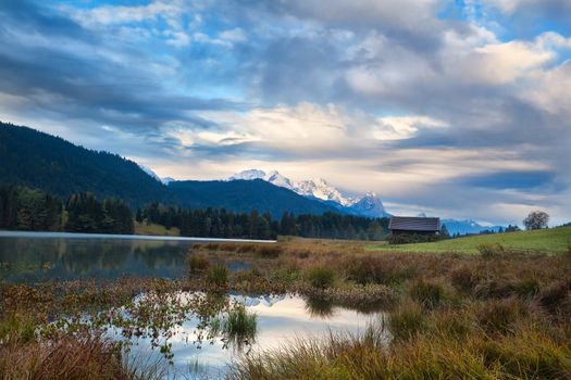 Morning on Geroldsee lake with view on Alps, Bavaria, Germany