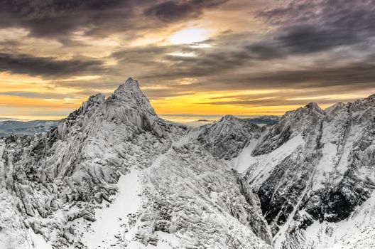 Scenic view of winter mountains and colorful sunset, High Tatras, Slovakia