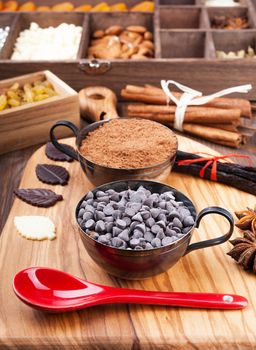 Ingredients for baking chocolate on a dark wooden background