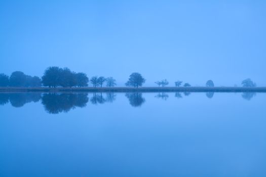 tree reflections in lake water during misty morning, Friesland, Netherlands