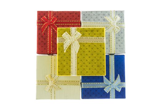 5 Square style gift box set for Christmas, Thanksgiving, Birthday, Holiday, New year and other important festival that consist of red, silver, gold, blue and beige color.