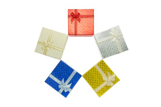 5 Gift box set in bird's eye view for Christmas, Thanksgiving, Birthday, Holiday, New year and other important festival that consist of beige, red, silver, gold and blue color