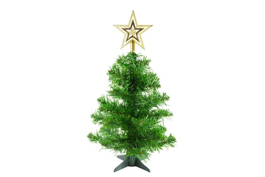 Christmas tree is decorated with gold star at top of tree. Decorated Christmas tree on white background.