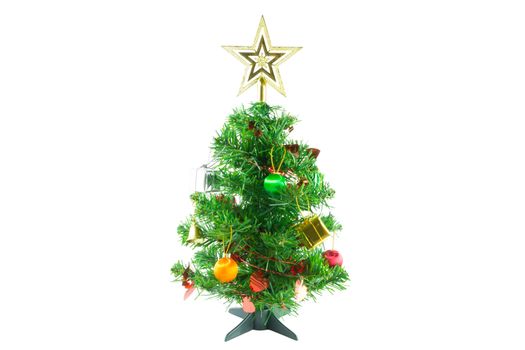 Christmas tree is ornamented with gold and silver gift box, heart red ribbon, orange and green Christmas ball, bell and gold star on white background.