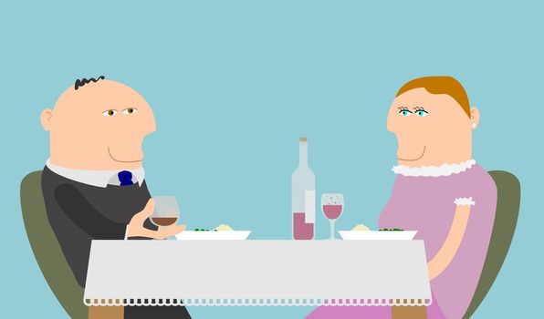 Illustration of a couple eating a meal with wine