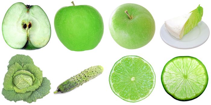 Green food collage set of many vegetarian items isolated over white including apple lettuce cabbage cucumber and lime